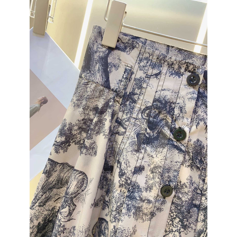 D*or mid length skirt white and navy toile de jouy cotton-gauze