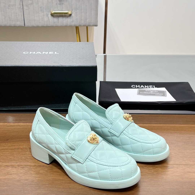 Ch*el lamskin leather loafter light blue