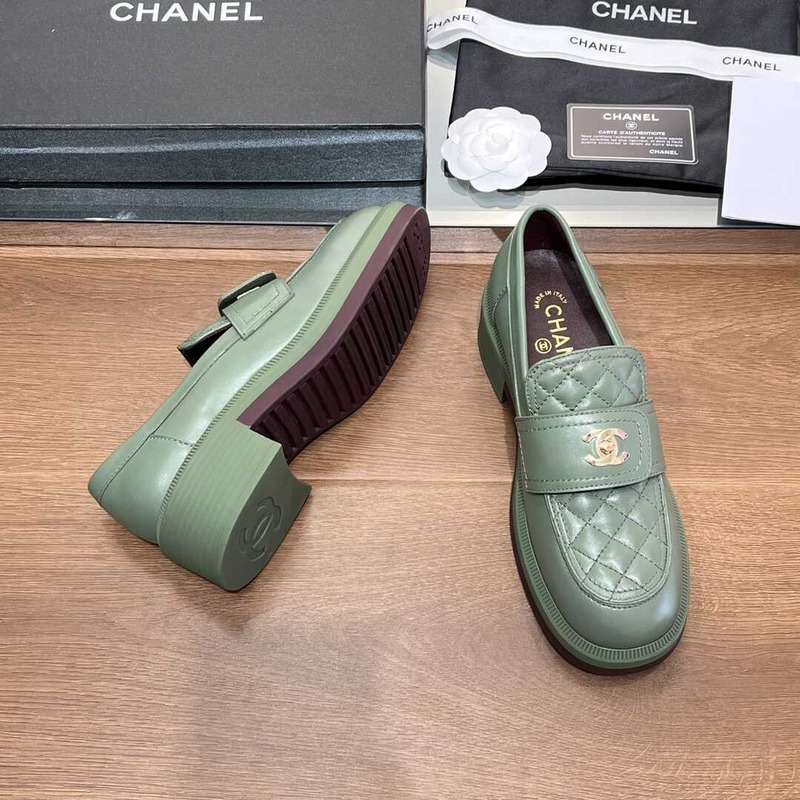 Ch*el lambskin leather loafer green