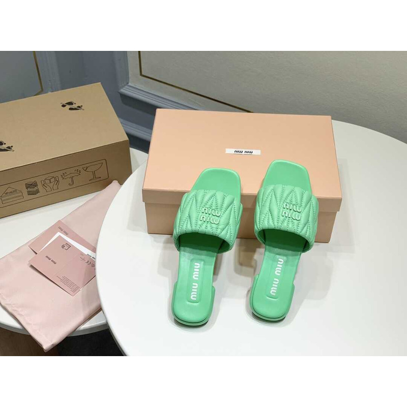 Miu Miu Matelassé Slipper Sandal In Soft Suede Green