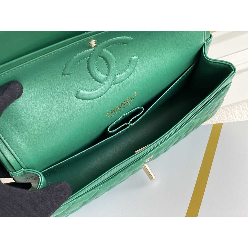 Ch*el iridescent green quilted lambskin medium classic double flap gold hardware