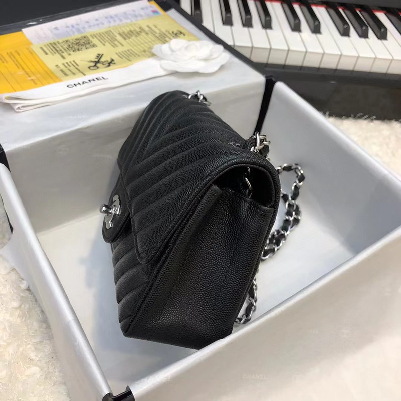 Ch*el rectangular flap chevron quilted metallic mini black