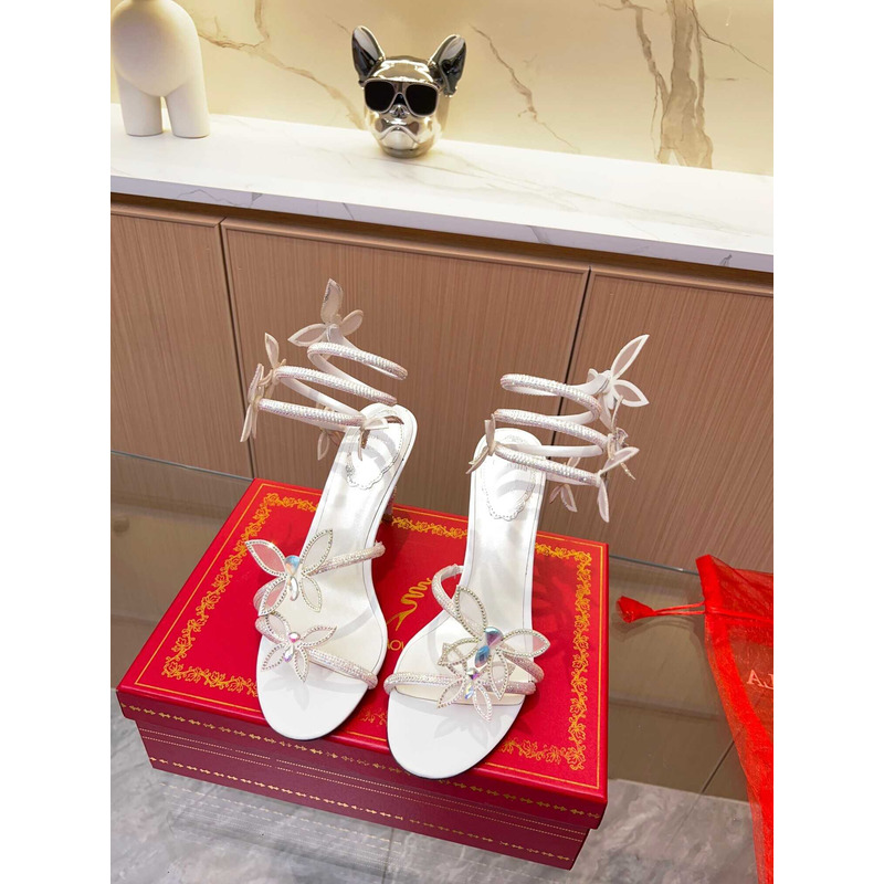 Rene Caovilla Leruy Diamante Butterfly Wrap High Heel Sandals White