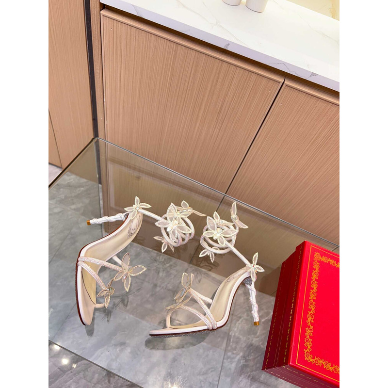 Rene Caovilla Leruy Diamante Butterfly Wrap High Heel Sandals White