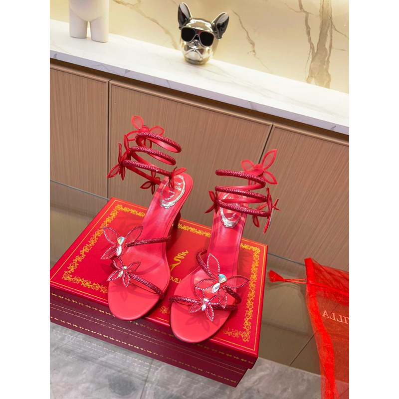 Rene Caovilla Leruy Diamante Butterfly Wrap High Heel Sandals  Red