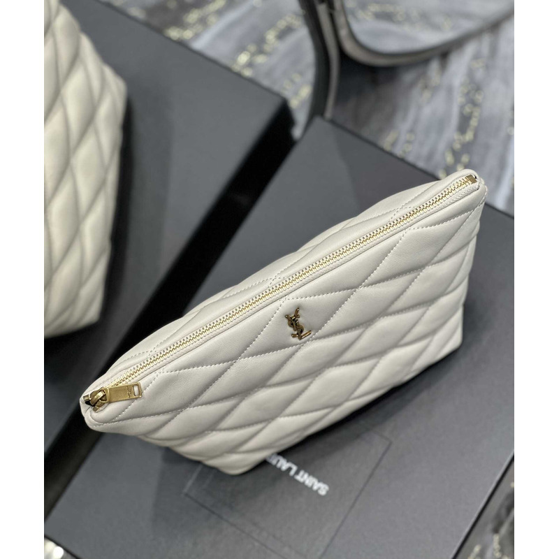 Saint Laurent Sade Calfskin Zipper Envelope Clutch Medium White
