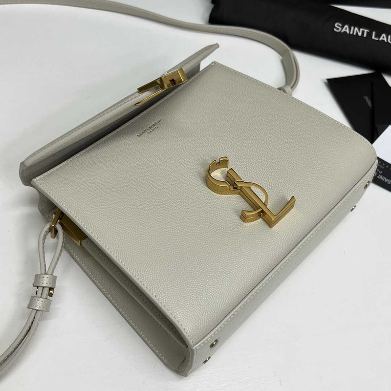 Saint Laurent Cassandra Mini Grained Embossed Leather Shoulder Crossbody Light Grey
