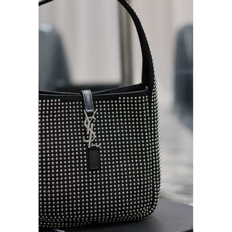 Saint Laurent LE 5 À 7 Hobo Bag In Canvas Leather And Studs