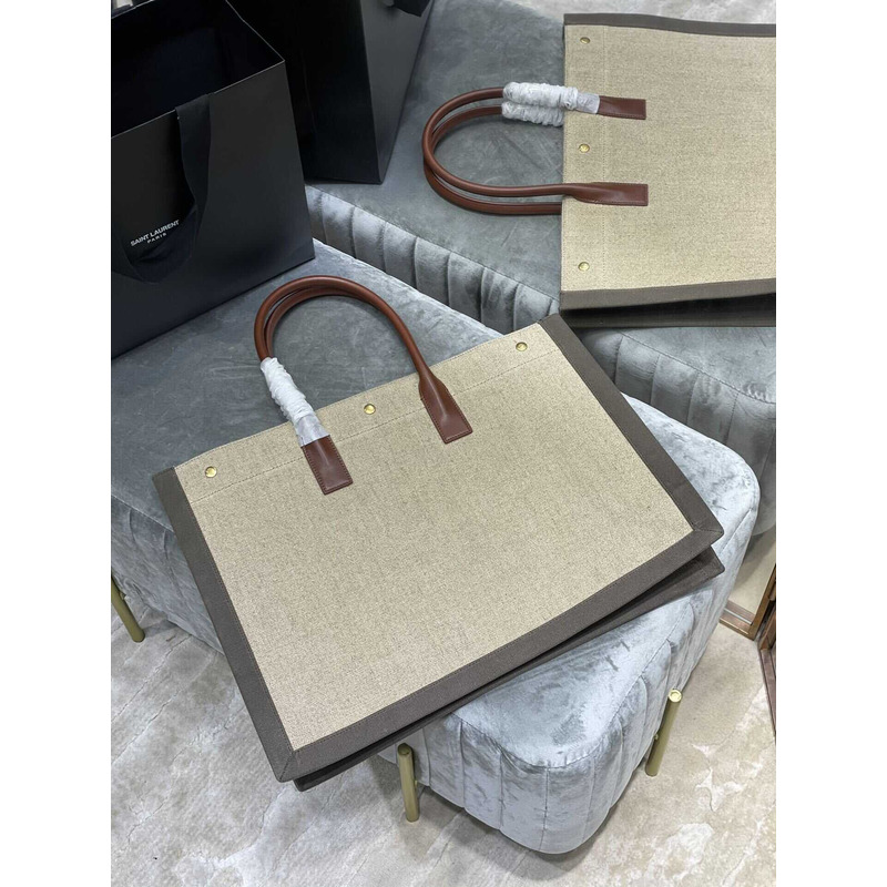 Saint Laurent Rive Gauche Vertical Shopper In Linen And Cotton Gray And Beige