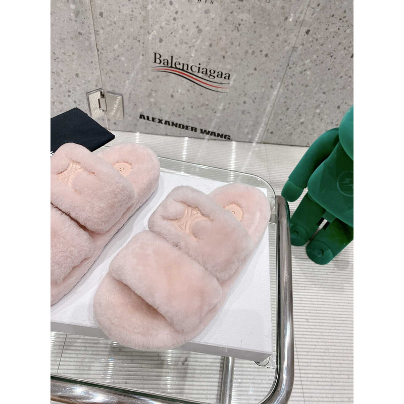 Ce**e open toe platform rubber sole casual style unisex faux fur pink