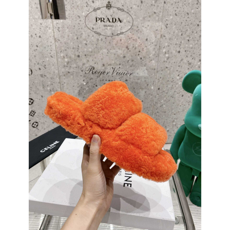 Ce**e open toe platform rubber sole casual style unisex faux fur orange