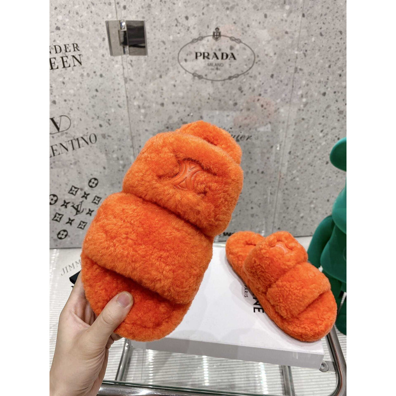 Ce**e open toe platform rubber sole casual style unisex faux fur orange