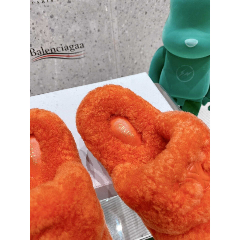 Ce**e open toe platform rubber sole casual style unisex faux fur orange