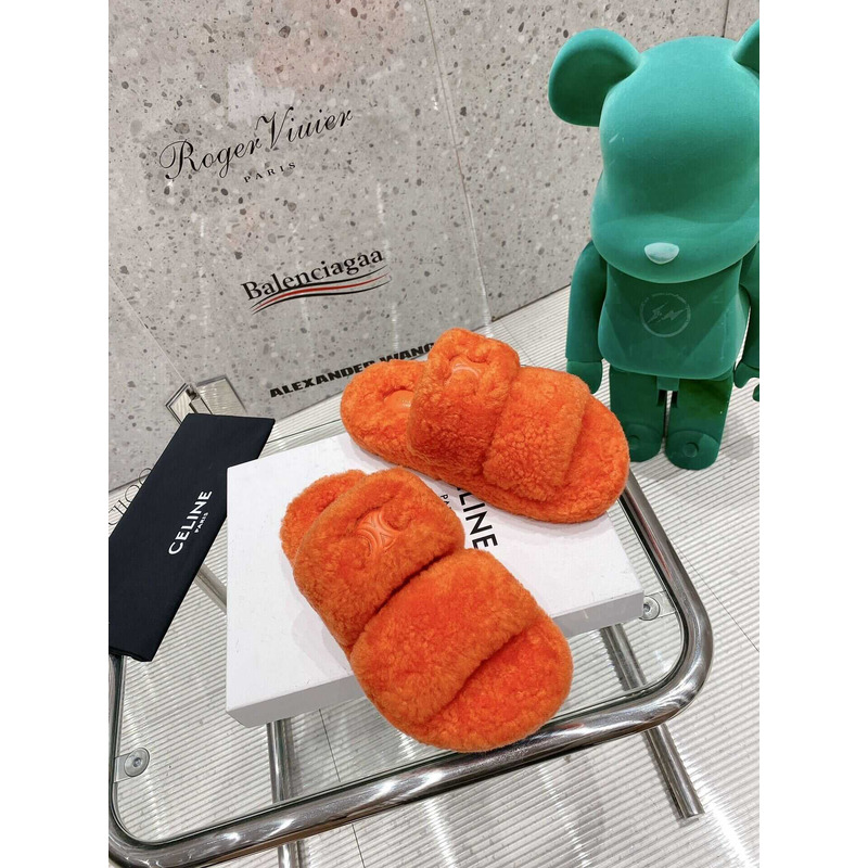 Ce**e open toe platform rubber sole casual style unisex faux fur orange