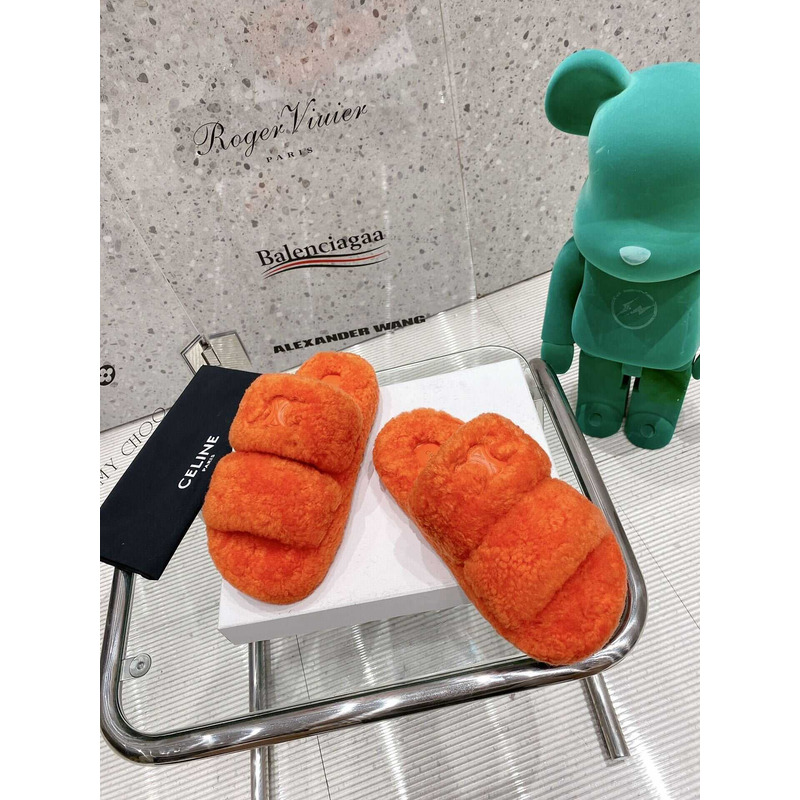 Ce**e open toe platform rubber sole casual style unisex faux fur orange