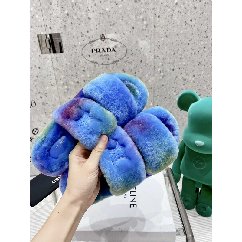 Ce**e open toe platform rubber sole casual style unisex faux fur blue