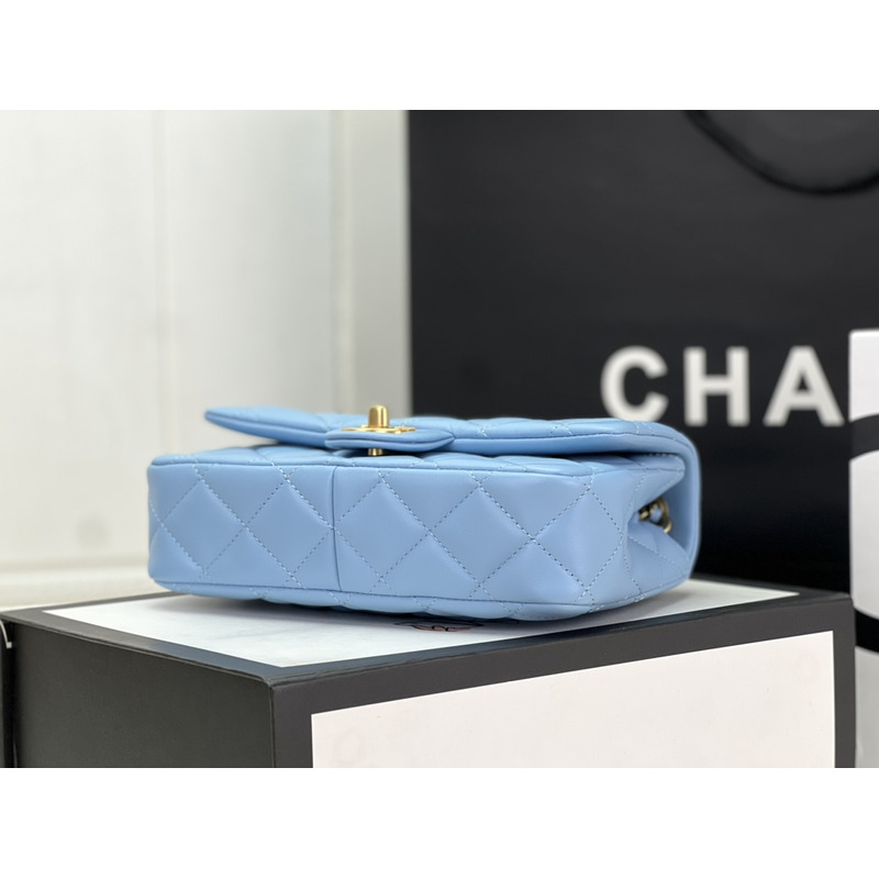 Ch*el small flap bag with top handle lambskin & wenge wood light blue