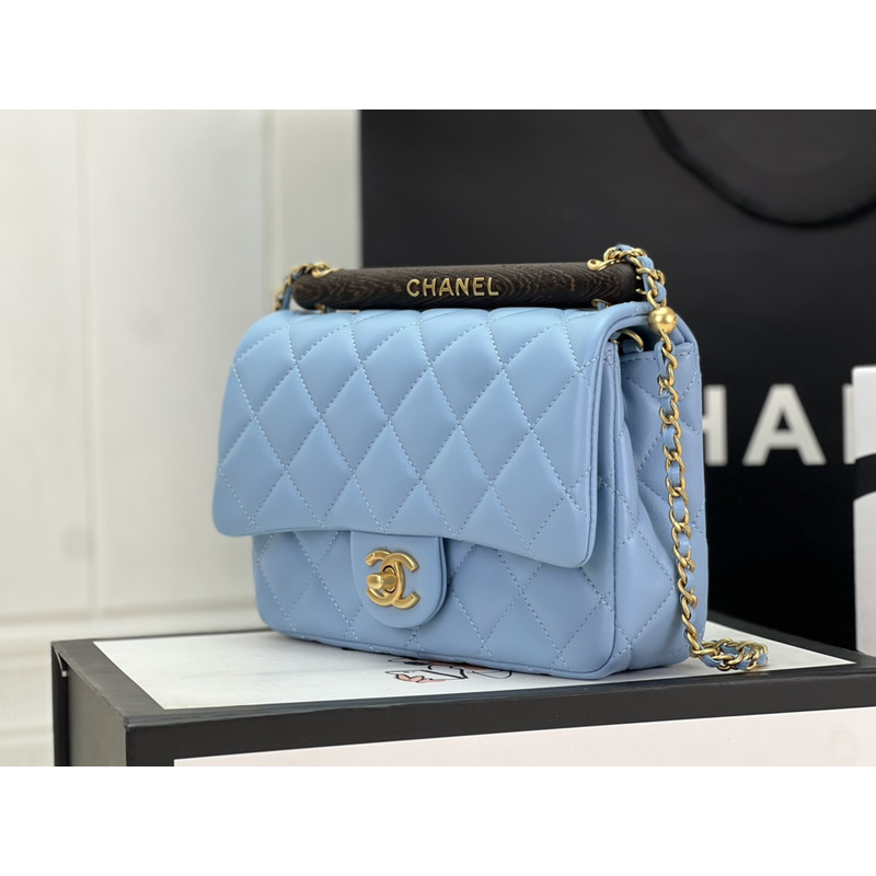 Ch*el small flap bag with top handle lambskin & wenge wood light blue