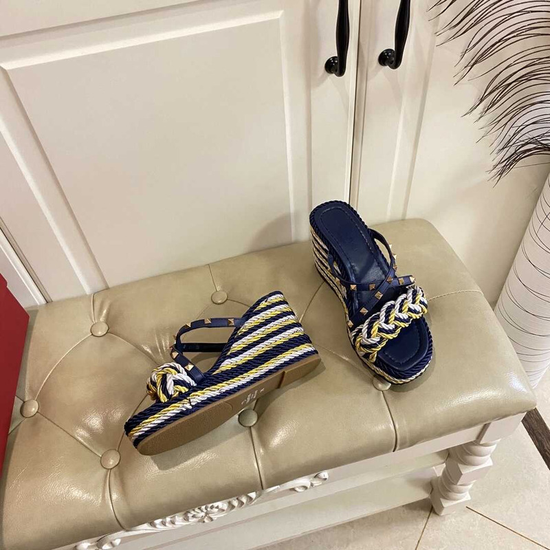 Valentino Garavani Rockstud Torchon Espadrille Wedge Sandals Blue Yellow And White