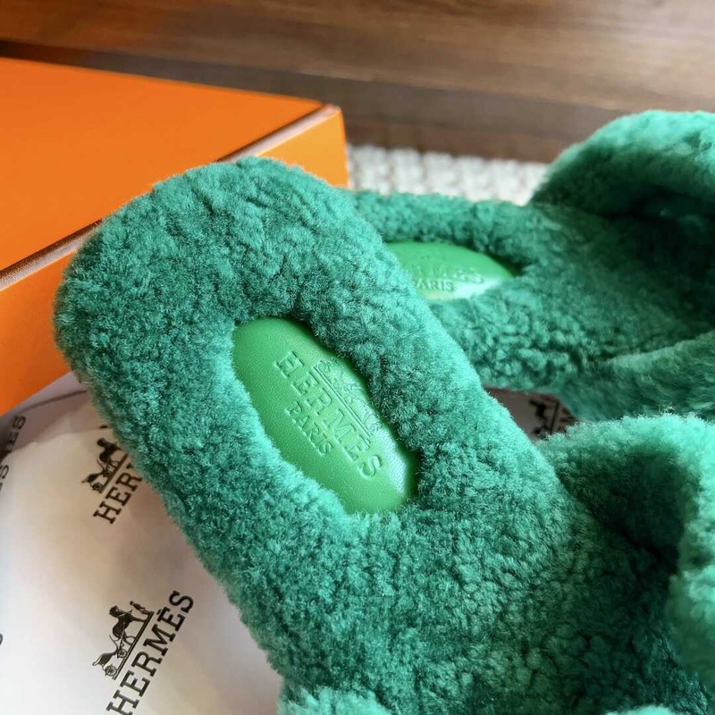 H**mes classic h faux fur slippers dark green