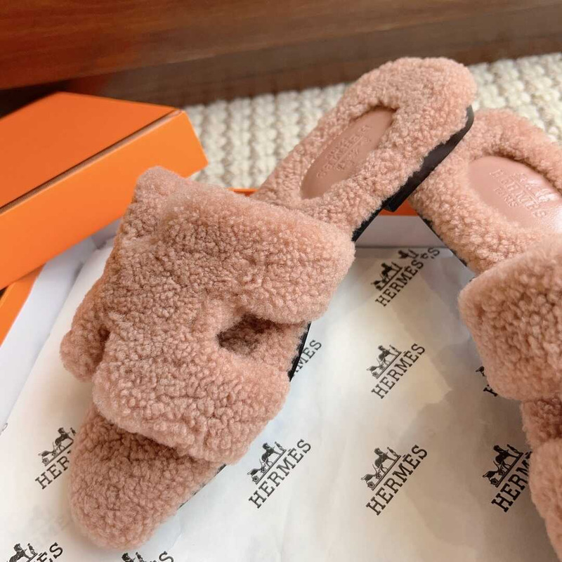 H**mes classic h faux fur slippers nude pink