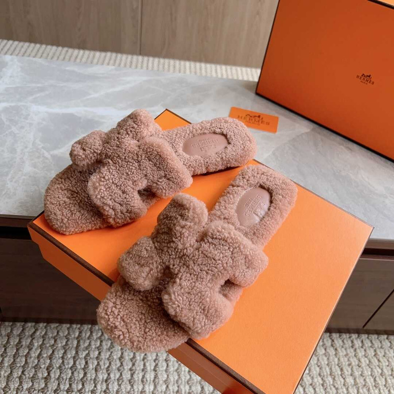 H**mes classic h faux fur slippers nude pink