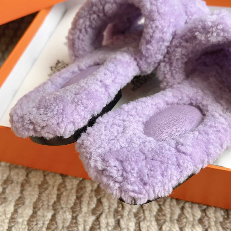 H**mes classic h faux fur slippers purple