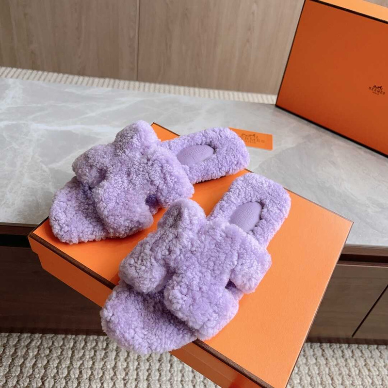 H**mes classic h faux fur slippers purple