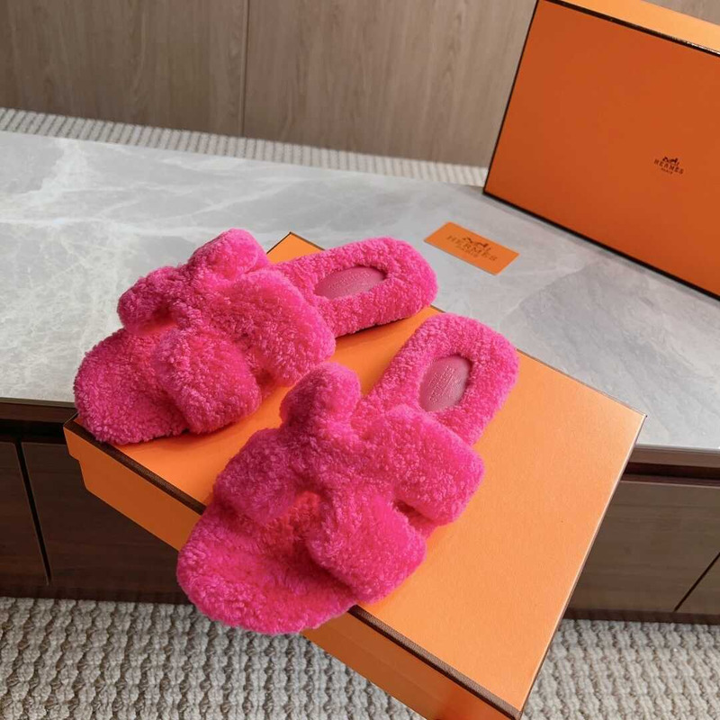 H**mes classic h word faux fur slippers hot pink