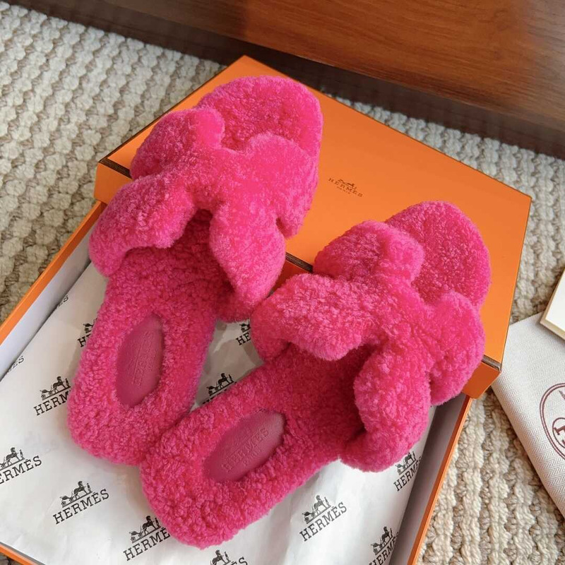 H**mes classic h word faux fur slippers hot pink