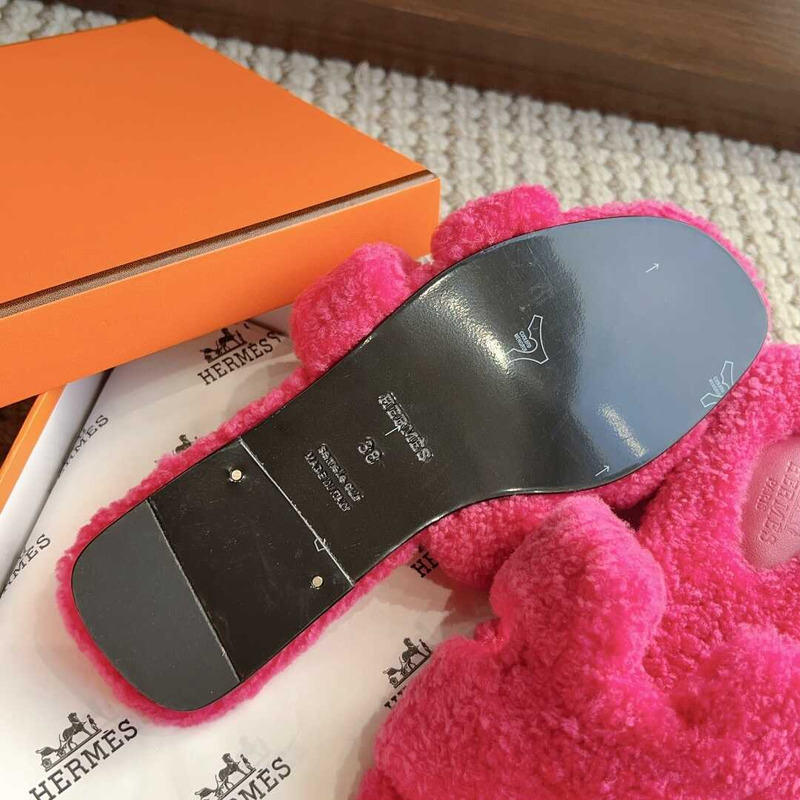 H**mes classic h word faux fur slippers hot pink