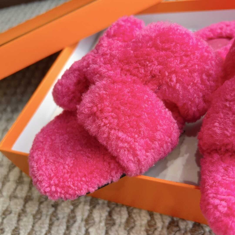 H**mes classic h word faux fur slippers hot pink