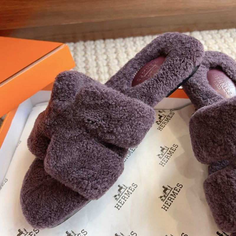 H**mes classic h word teddy bear fur slippers purple