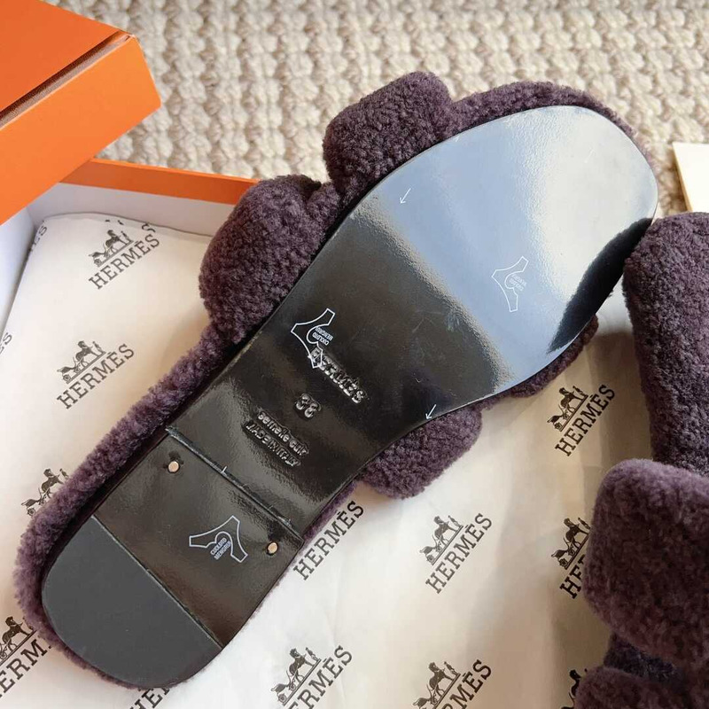 H**mes classic h word teddy bear fur slippers purple