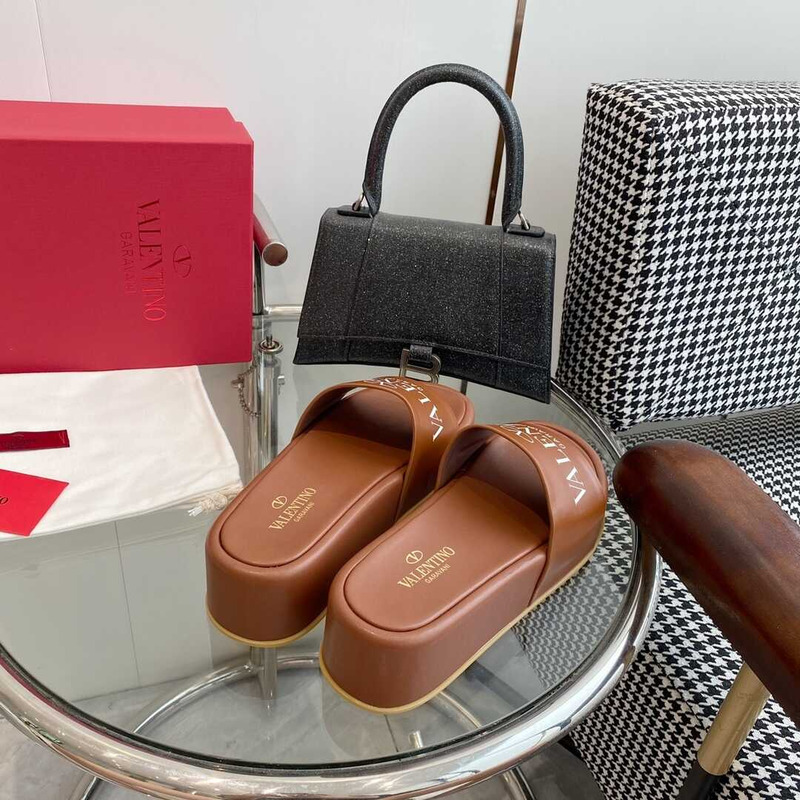 Valentino Logo Rubber Slides Brown