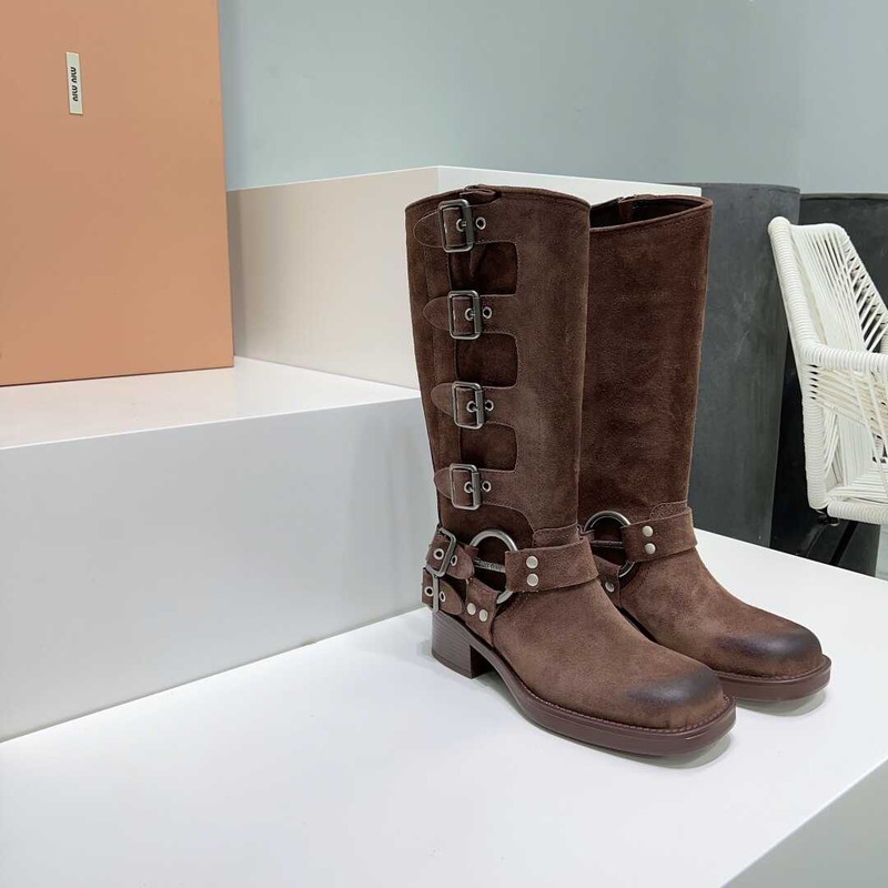 Miu Miu Leather Biker Boots Ocher Brown