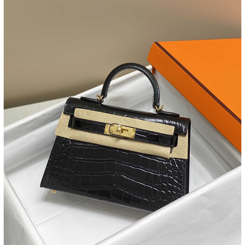 Hermès Black Shiny Alligator Mini Kelly 20 Gold Hardware