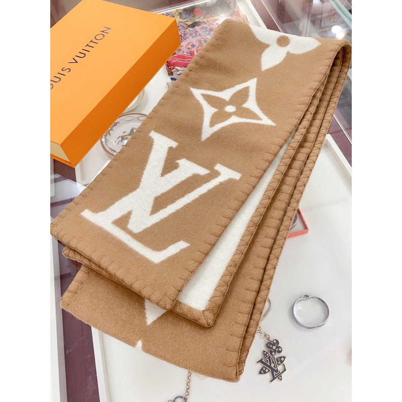 l**is V*t*n cashmere wool double-sided wide scarf/shawl.brown