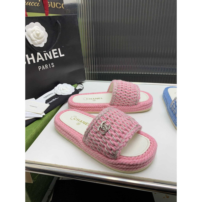 Ch*el braided knit metallic cc slides pink