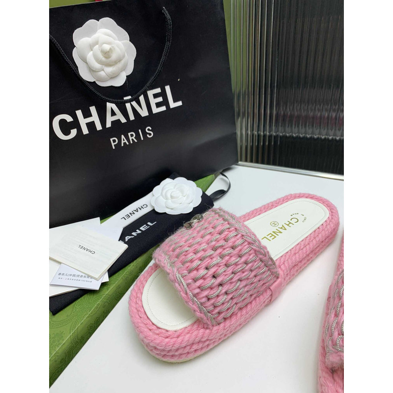 Ch*el braided knit metallic cc slides pink