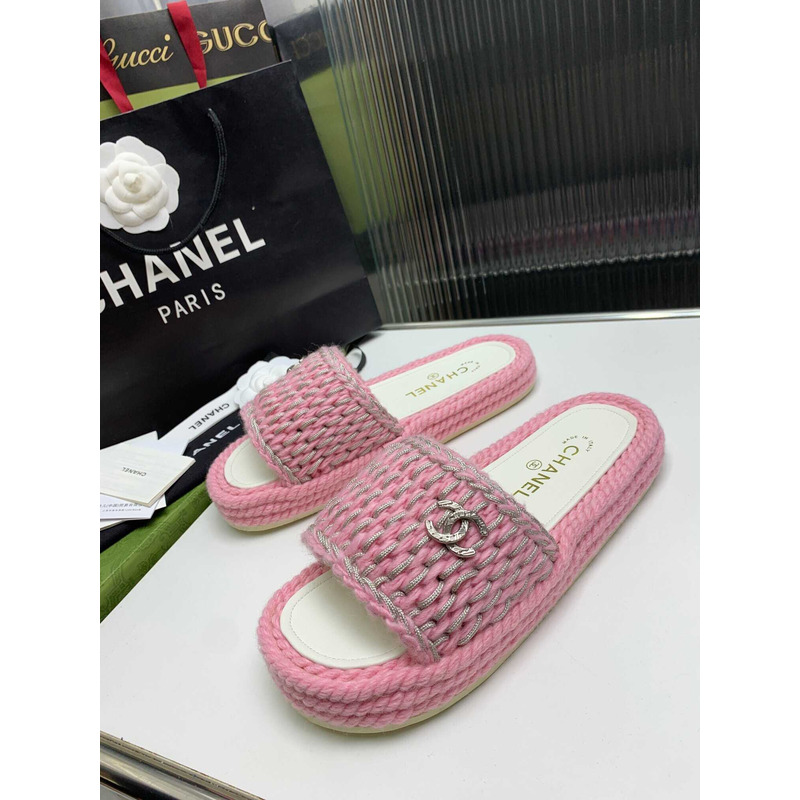 Ch*el braided knit metallic cc slides pink
