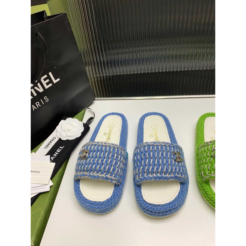 Ch*el braided knit metallic cc slides light blue