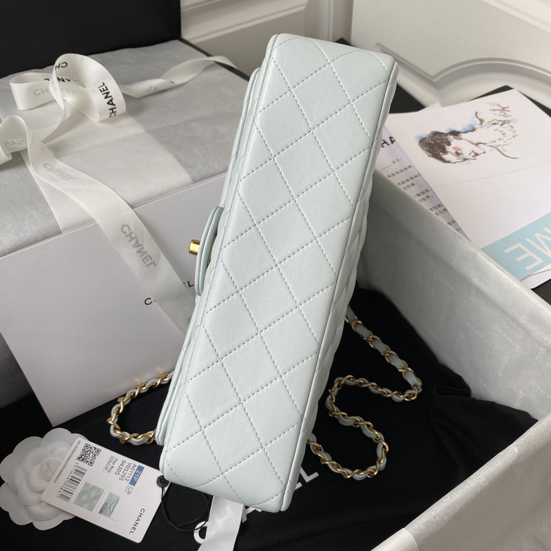 Ch*el classic handbag lambskin and gold-tone mental light blue