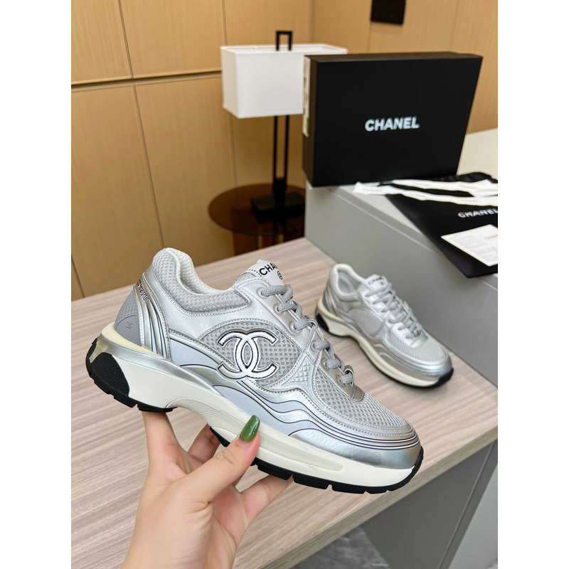 Ch*el sneakers fabric & laminated silver