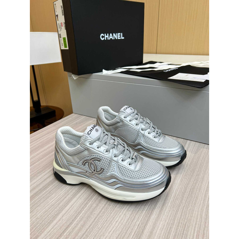 Ch*el sneakers fabric & laminated silver