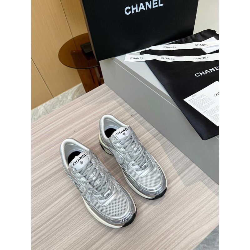 Ch*el sneakers fabric & laminated silver