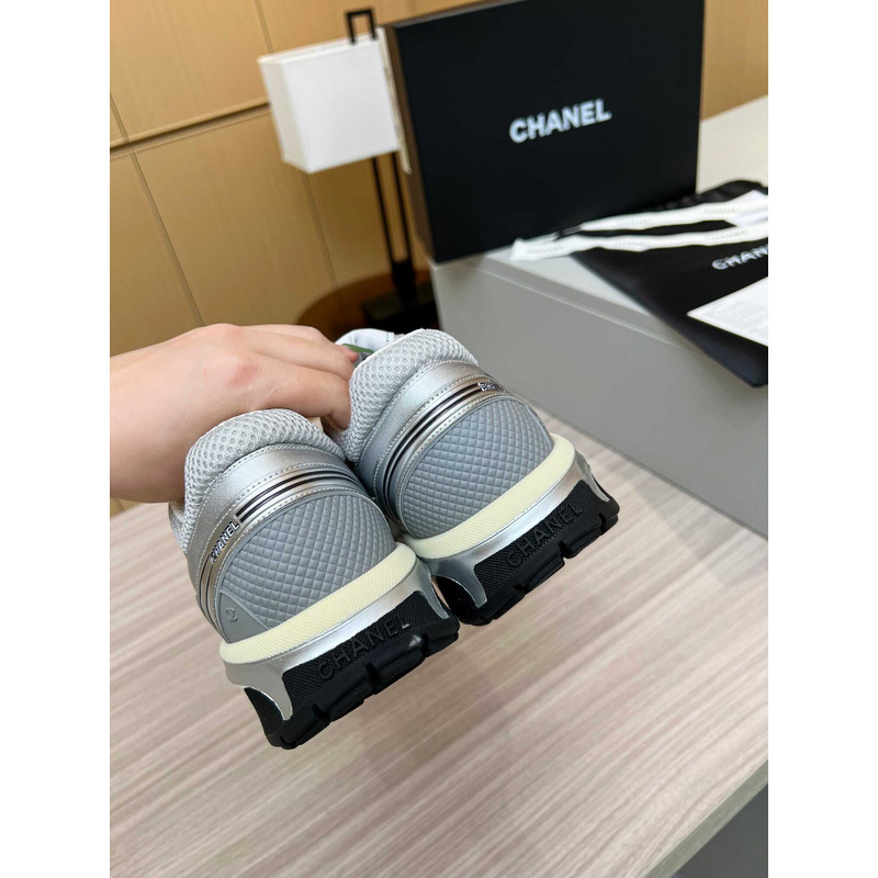 Ch*el sneakers fabric & laminated silver