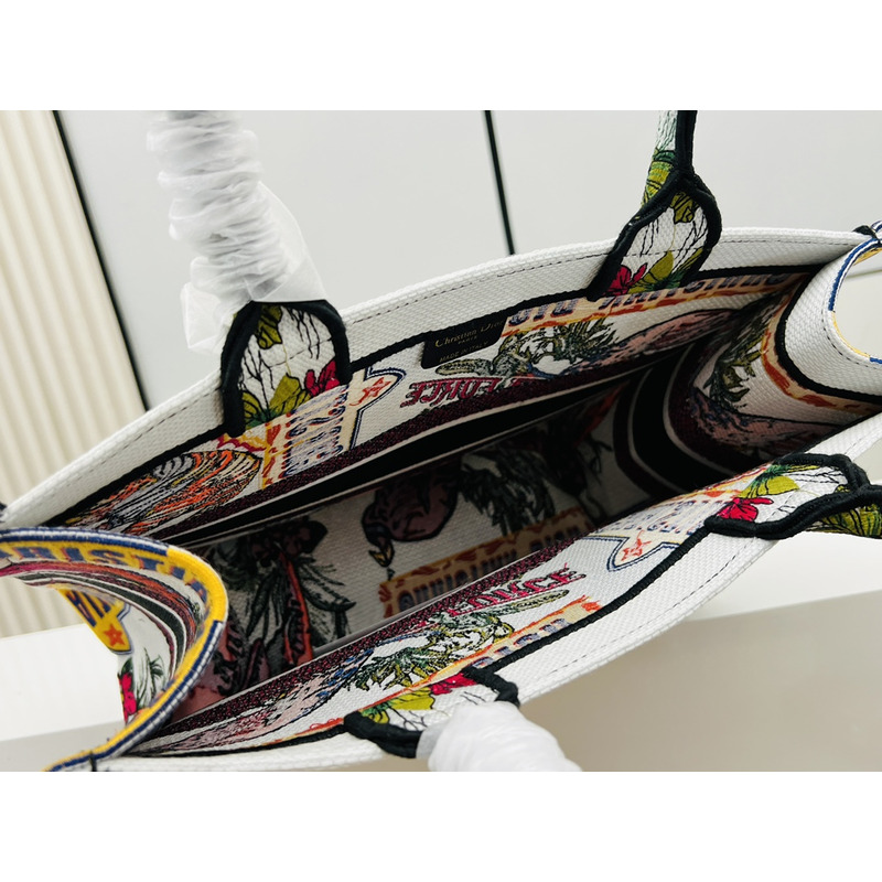 D*or medium book tote bag multicolour indian animals embroidery on white fabric