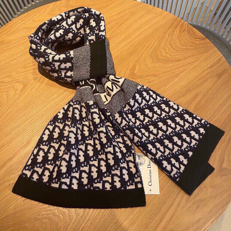 D*or print scarf navy cashmere-blend tech oblique print