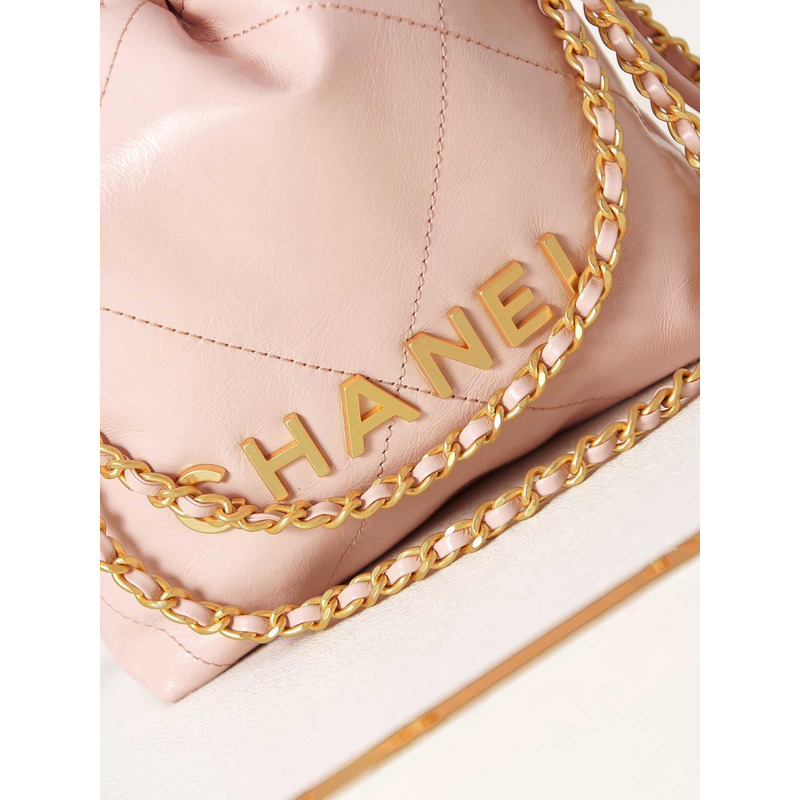 Ch*el 22 mini handbang shiny calfskin & gold-tone metal pale nude pink